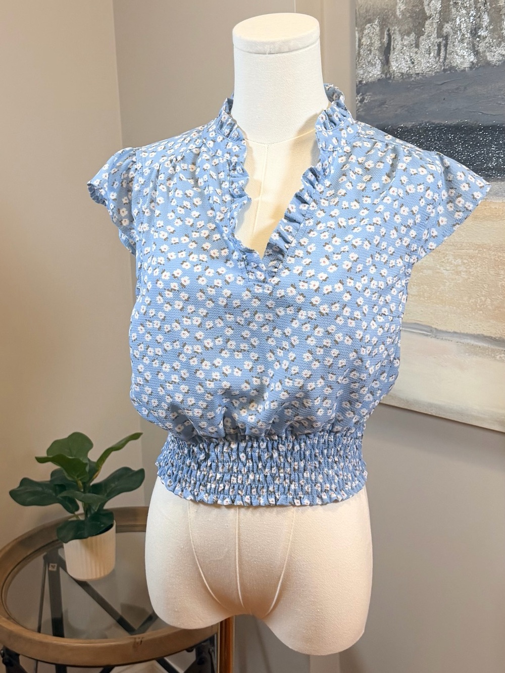 Monteau Light Blue Floral Ruffle Smocked‎ Crop Top